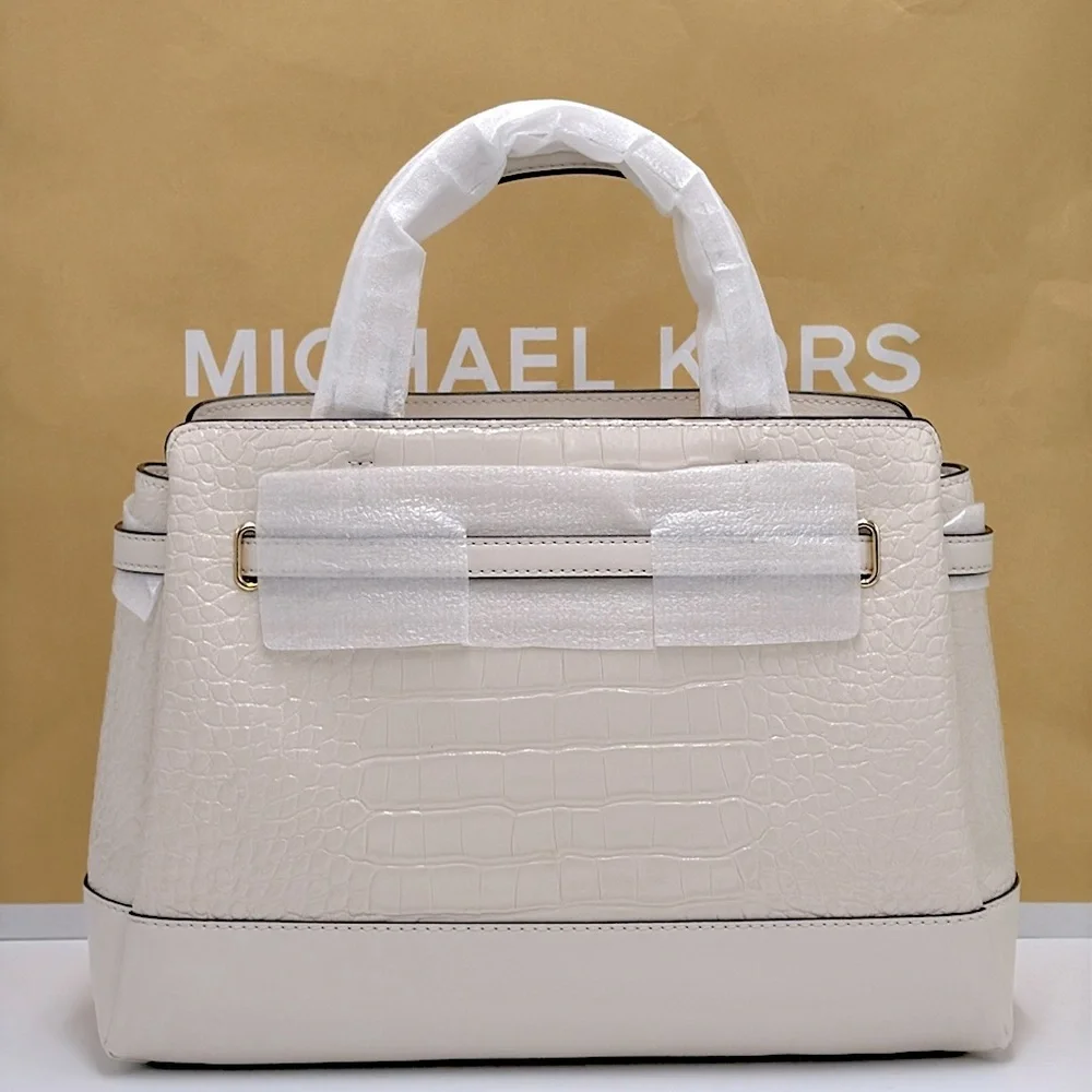 MICHAEL KORS Reed Large Leather Belted Satchel Crossbody Handbag Center Zip